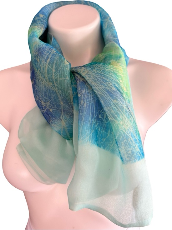 Source Unknown Accessories - Vintage Silk Chiffon Scarf Teal Blue Mint Abstract Print 16x42